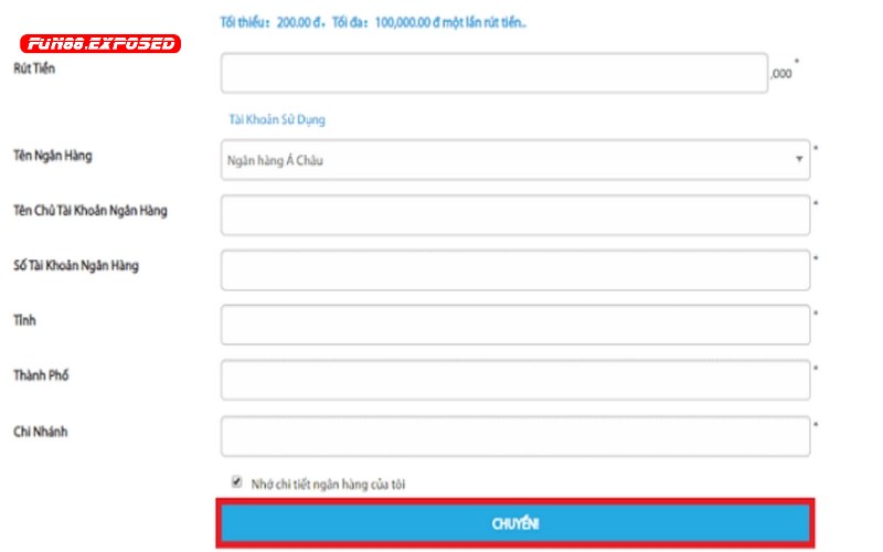 Rút tiền Fun88 siêu nhanh với ngân hàng 